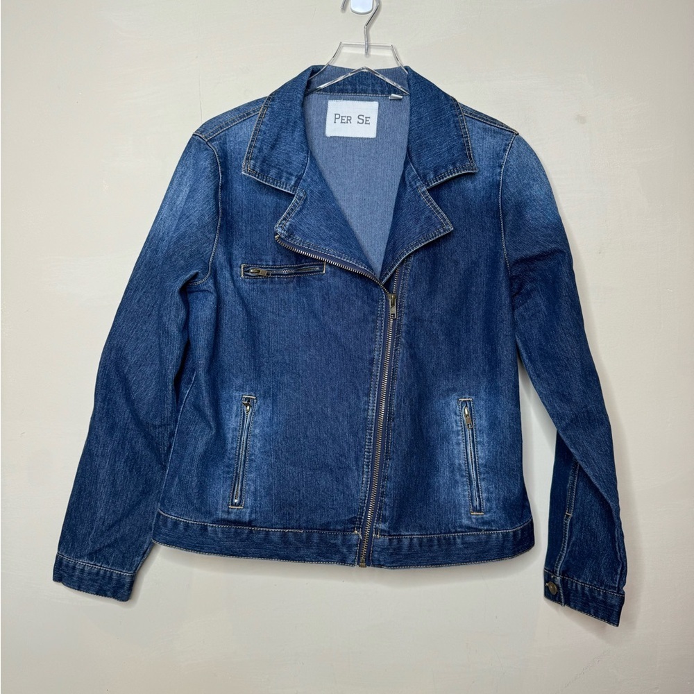 Per Se denim Jacket Large Moto Denim Long Sleeve